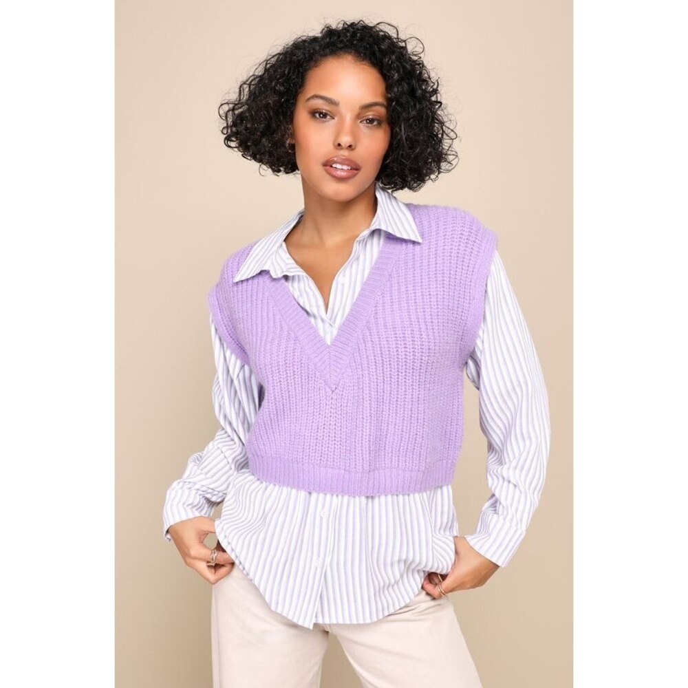 Lulus Elevated Inspiration Purple Striped Button-up Sweater Vest Top - Size XL